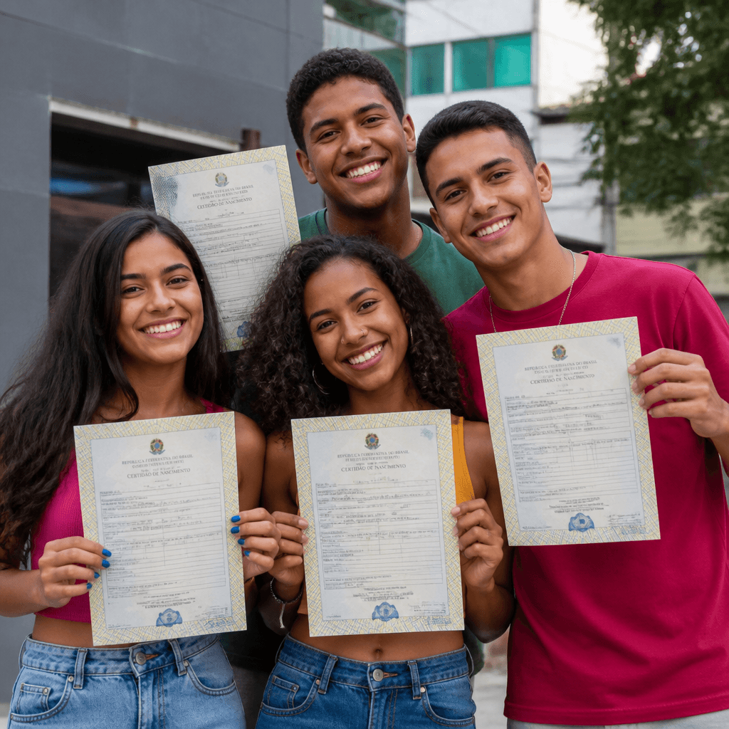 Pessoas sorrindo segurando documentos